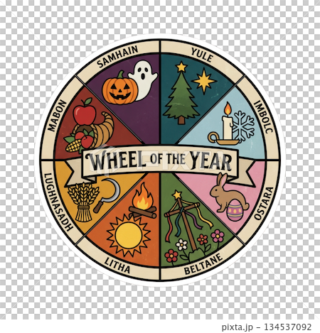 Different seasonal festivals are represented in a circular design. Each section shows a symbol for a specific festival such as pumpkin sun and flowers. 134537092