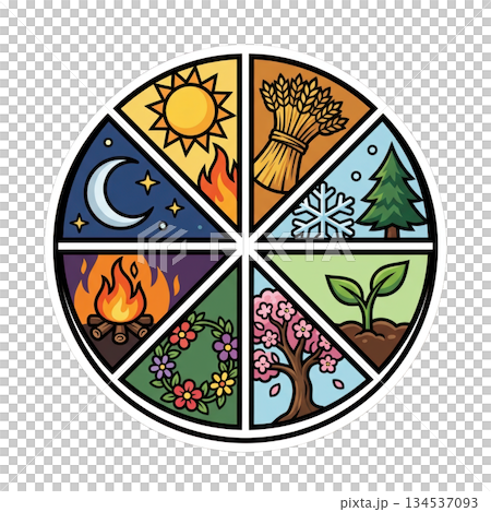 Seasonal changes are shown through symbols in a circular design. Each section represents summer autumn winter and spring with elements like sun snow and flowers. 134537093