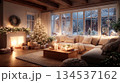 Cozy Christmas living room with a decorated tree, fireplace and festive garland lights. This inviting home scene captures the warmth and joy of the holiday season 2026. This is AI-generated item 134537162