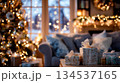 Cozy Christmas scene with gifts, tree, and warm lights in a living room. This festive image captures the joy of the holiday season with beautifully wrapped presents This is AI-generated item 134537165