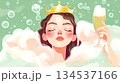 Relaxing illustration of a princess girl enjoying a bubbly bath with champagne. This whimsical artwork depicts a woman in a luxurious bath, complete with a golden crown This is AI-generated item 134537166