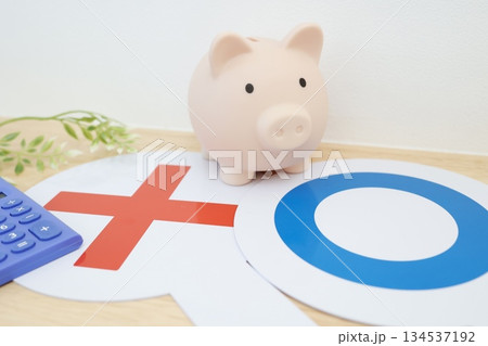貯金箱とマルバツプレートで示す貯金のOKとNGイメージ。 貯金箱とマルバツプレートで示す貯金のOKとNGイメージ。 134537192