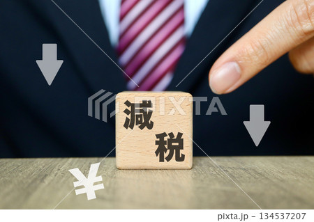 スーツの男性と減税を示す木製ブロックの写真。 スーツの男性と減税を示す木製ブロックの写真。 134537207