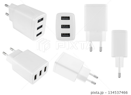 Power adapter for phone or tablet, on white background in insulation 134537466
