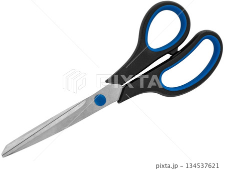 Stationery scissors with plastic handle, on white background in insulation 134537621