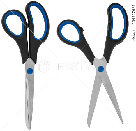 Stationery scissors with plastic handle, on white background in insulation Stationery scissors with plastic handle, on white background in insulation 134537623