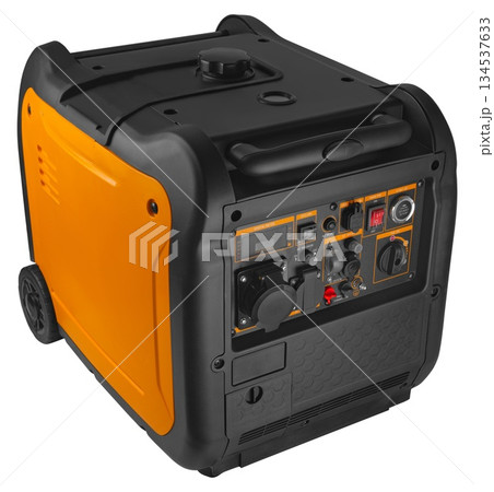 Gasoline inverter generator, with correct current sine wave, on white background in insulation Gasoline inverter generator, with correct current sine wave, on white background in insulation 134537633