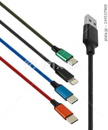 micro USB, Lightning and Type-C cable, on white background in insulation micro USB, Lightning and Type-C cable, on white background in insulation 134537909