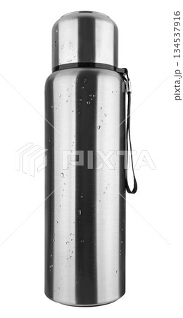 Metal thermos for hot and cold drinks, on white background in insulation 134537916