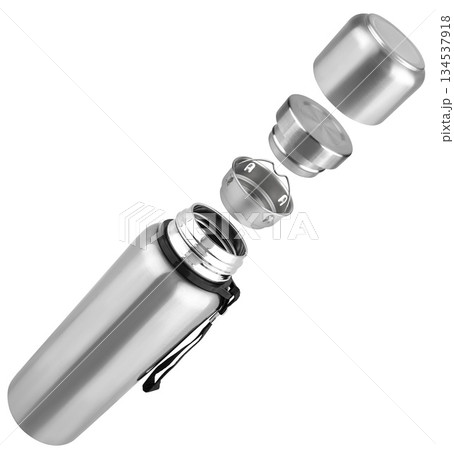 Metal thermos for hot and cold drinks, on white background in insulation 134537918