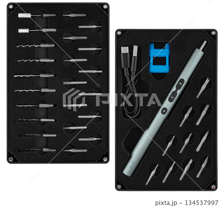 Cordless electric screwdriver with bit set, insulated on white background 134537997