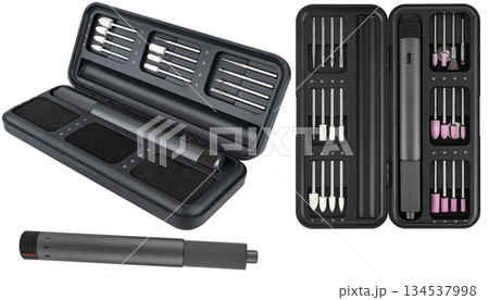 Cordless electric grinder, with set of accessories, on white background in insulation 134537998