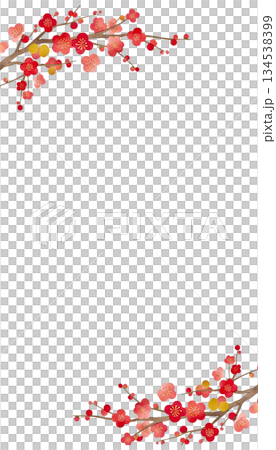 Watercolor plum blossom and branch Japanese style frame background material 134538399