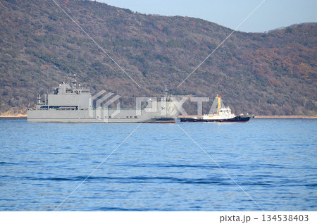 瀬戸内海を航行する輸送艦とタグボート 134538403