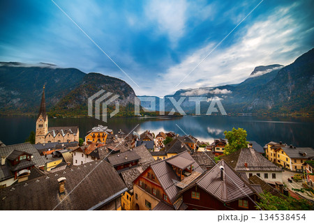 Hallstatt Village and Mountains panoramic view at autumn - Hallstatt, Austria 134538454