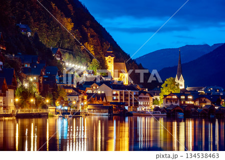 Hallstatt Village and Mountains at night - Hallstatt, Austria 134538463