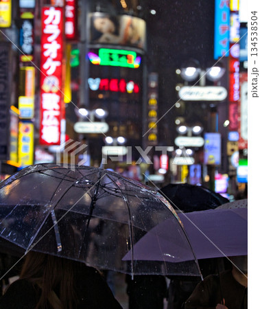 雨に包まれる新宿の夜と傘のシルエット 雨に包まれる新宿の夜と傘のシルエット 134538504