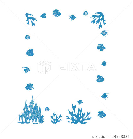 Doodle frame of fish, mermaid castle, seaweed and corales. Frame on the theme of sea vacation. Vector illustration Doodle frame of fish, mermaid castle, seaweed and corales. Frame on the theme of sea vacation. Vector illustration 134538886