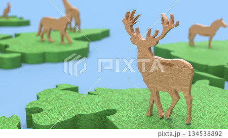 Wooden Wildlife Figures on Green Map Concept Background 3d render. Wooden Wildlife Figures on Green Map Concept Background 3d render. 134538892