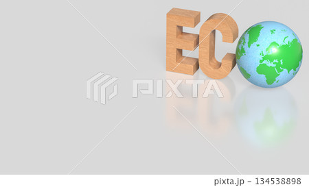 Eco Concept with Wooden Letters and Green Earth Globe on Clean Background 3d render. Eco Concept with Wooden Letters and Green Earth Globe on Clean Background 3d render. 134538898