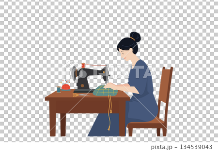 ミシンで入園・入学グッズを作る女性のイラスト_表情有り ミシンで入園・入学グッズを作る女性のイラスト_表情有り 134539043