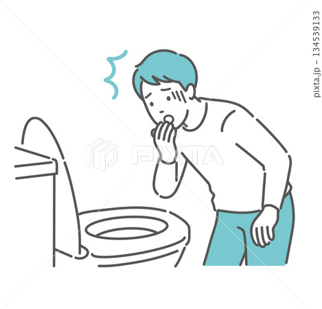 トイレで便を見て驚愕する男性のイラスト（血便・下血・異常発見） 134539133