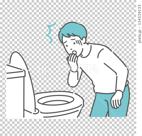 トイレで便を見て驚愕する男性のイラスト（血便・下血・異常発見） 134539133