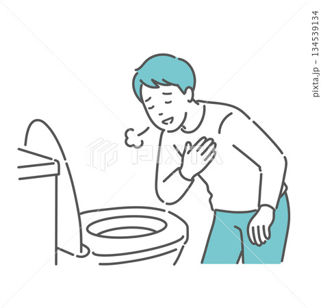 トイレで便の状態を確認して安心する男性のイラスト（異常なし・便秘解消） 134539134