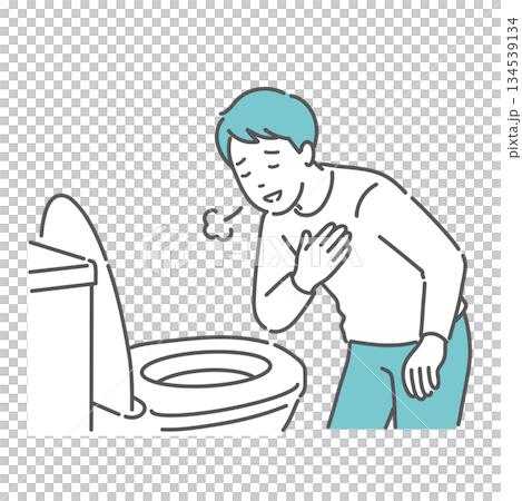 トイレで便の状態を確認して安心する男性のイラスト（異常なし・便秘解消） 134539134