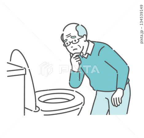 トイレで便の状態を確認して悩む高齢男性のイラスト（便秘・排泄トラブル・介護） 134539149