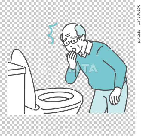 トイレで便を見て驚愕する高齢男性のイラスト（血便・下血・異常発見） 134539150