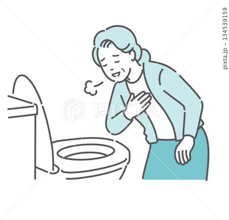 トイレで便の状態を確認して安心する高齢女性のイラスト（異常なし・便秘解消・介護） 134539159