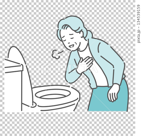 トイレで便の状態を確認して安心する高齢女性のイラスト（異常なし・便秘解消・介護） 134539159