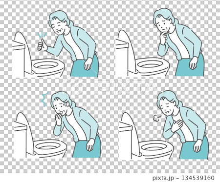 Illustration set of an elderly woman checking the condition of her stool in the toilet (OK, trouble, surprise, relief) 134539160