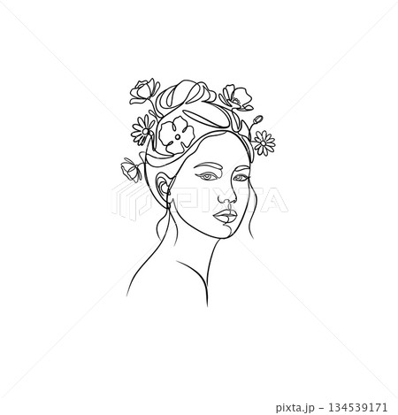 Minimalist one-line illustration of a woman with a floral bun. Elegant continuous line art portrait with delicate flowers and soft modern aesthetics. Minimalist one-line illustration of a woman with a floral bun. Elegant continuous line art portrait with delicate flowers and soft modern aesthetics. 134539171