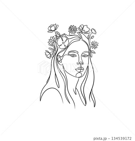 Minimalist one-line illustration of a woman with a floral crown, modern continuous line art with elegant botanical details. Minimalist one-line illustration of a woman with a floral crown, modern continuous line art with elegant botanical details. 134539172