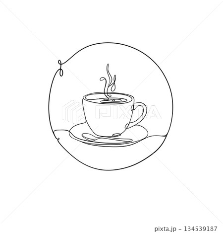 Hand-drawn continuous line art of a warm coffee cup on a plate. Minimal artwork, aesthetic and trendy for editorial use, lifestyle blogs, and cozy-themed designs. 134539187