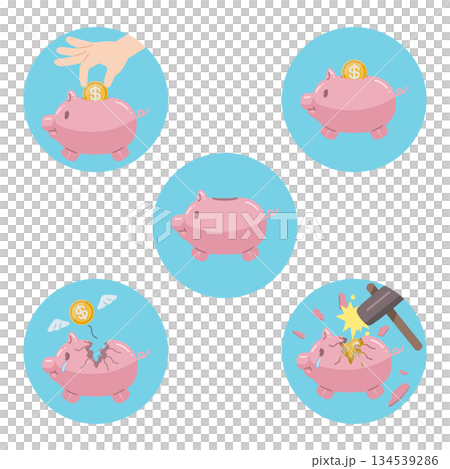 包含一枚帶有美元符號的硬幣和一個存錢筒的圖標集 134539286