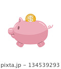 ＄マークが書かれたコインと、かわいい豚の貯金箱のイラスト 134539293