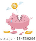 割れた豚の貯金箱と、＄マークが書かれたコインのイラスト 134539296