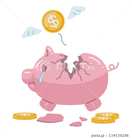 割れた豚の貯金箱と、$マークが書かれたコインのイラスト 割れた豚の貯金箱と、$マークが書かれたコインのイラスト 134539296