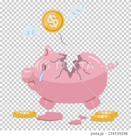 割れた豚の貯金箱と、$マークが書かれたコインのイラスト 割れた豚の貯金箱と、$マークが書かれたコインのイラスト 134539296
