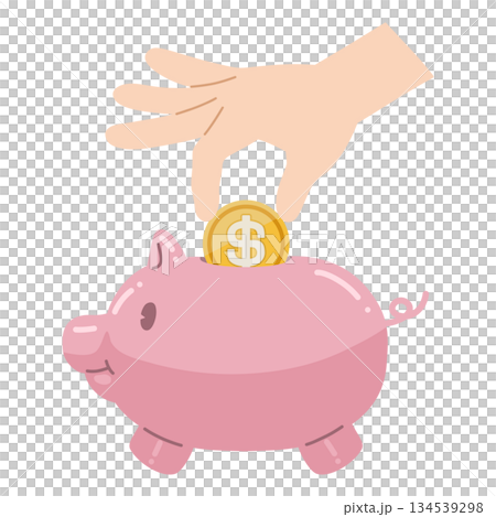 豚の貯金箱に、＄マークが書かれたコインを投入するイラスト 134539298