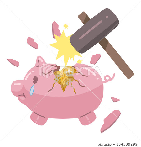 $マークが書かれたコインが入っている豚の貯金箱が、ハンマーで壊されているイラスト $マークが書かれたコインが入っている豚の貯金箱が、ハンマーで壊されているイラスト 134539299