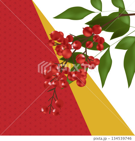 華やかな南天の実の和風背景 134539746