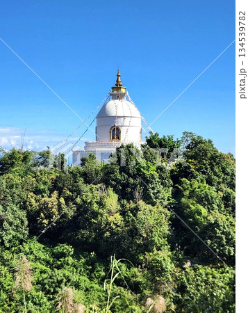 ネパール・ポカラの高台に建つワールドピースパゴダと白い仏塔 134539782