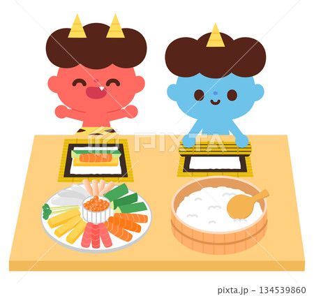 恵方巻を作る赤鬼と青鬼 恵方巻を作る赤鬼と青鬼 134539860