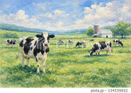 牧場　ホルスタイン牛　油彩画 134539932