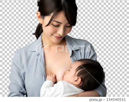 赤ちゃんに授乳する優しい母親（背景透過） 134540531