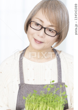 キッチンで豆苗を育てるシニア女性 キッチンで豆苗を育てるシニア女性 134541089